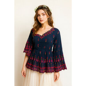 Embroidered Fairy Top L Navy Off Shoulder Bell Sleeve Bohemian Indie Ethereal